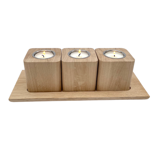 Set of three oak tea light holders with oak tray