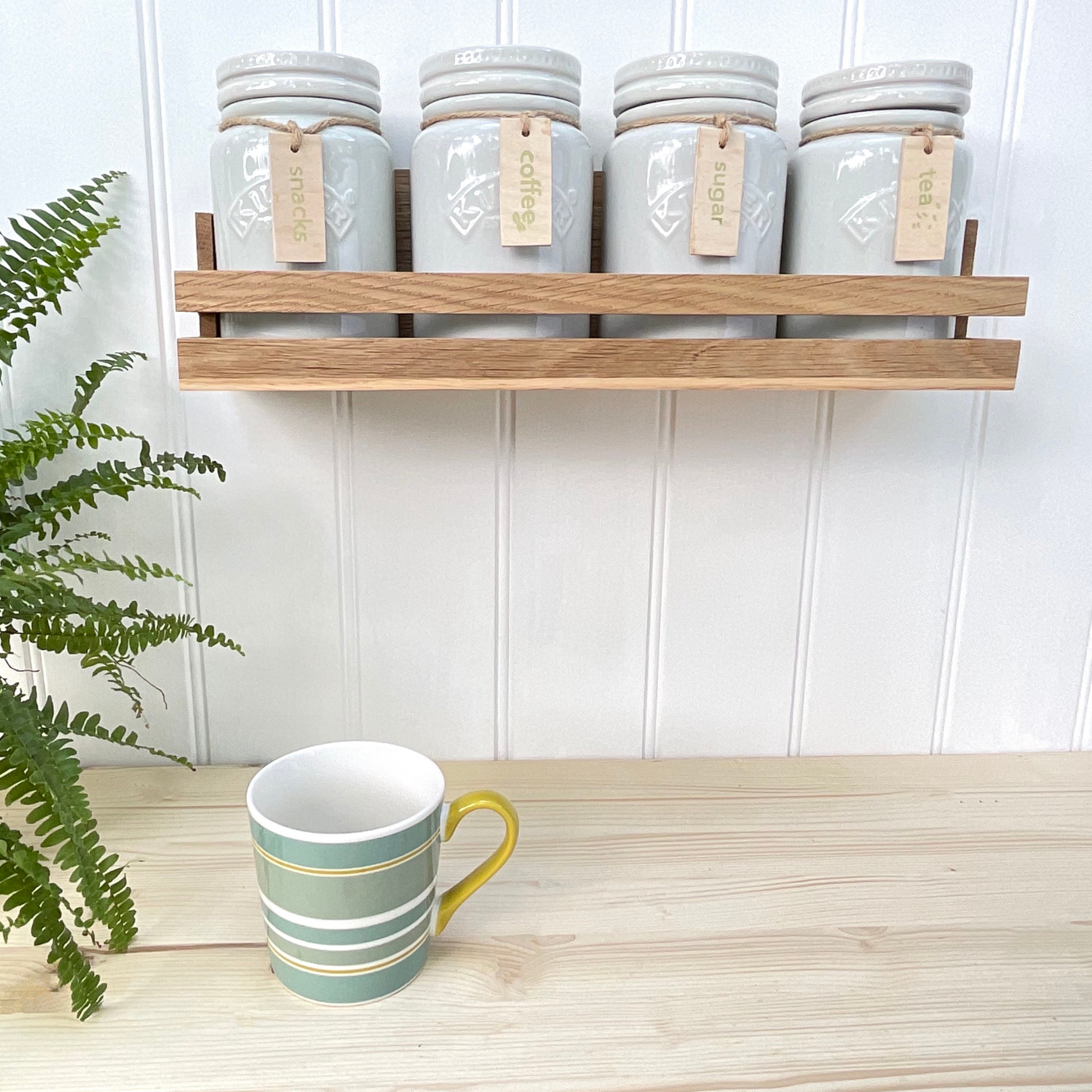 Tea and coffee canister shelf wall mounted in oak