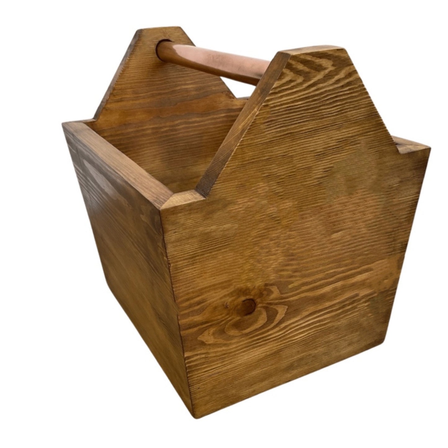 Fireside wooden kindling storage box with copper handle