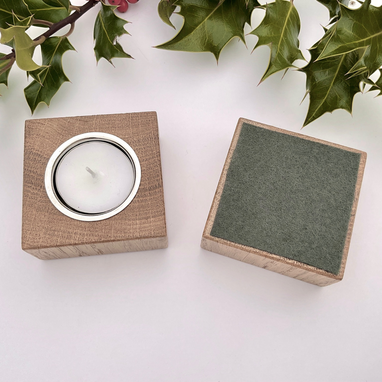 Square Oak Tea Light Holder with Felt Base