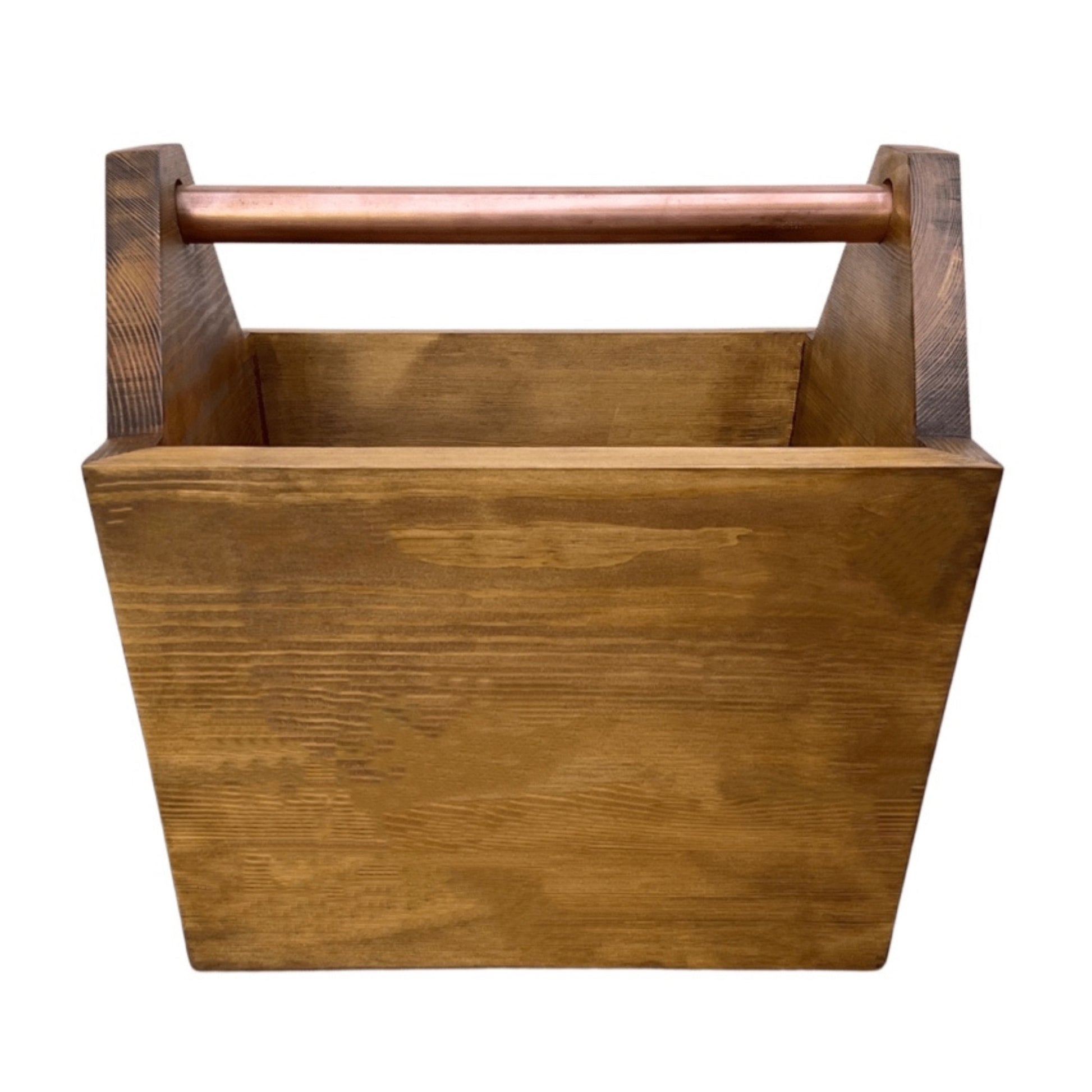 Handmade indoor wooden kindling storage box with copper handle