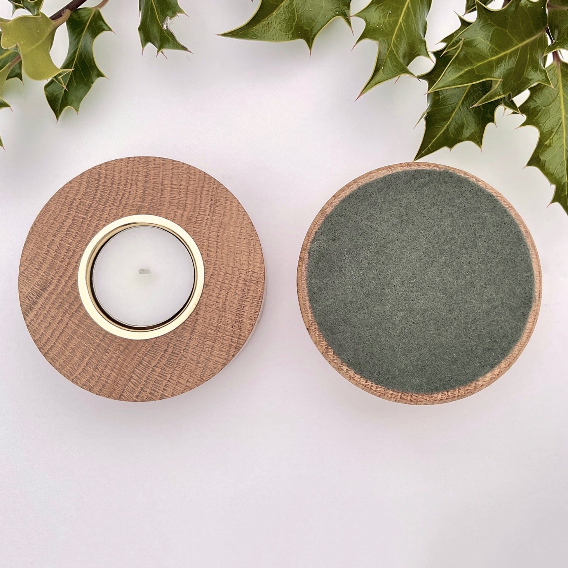 Handmade Round Oak Tea Light Holder with Felt Base