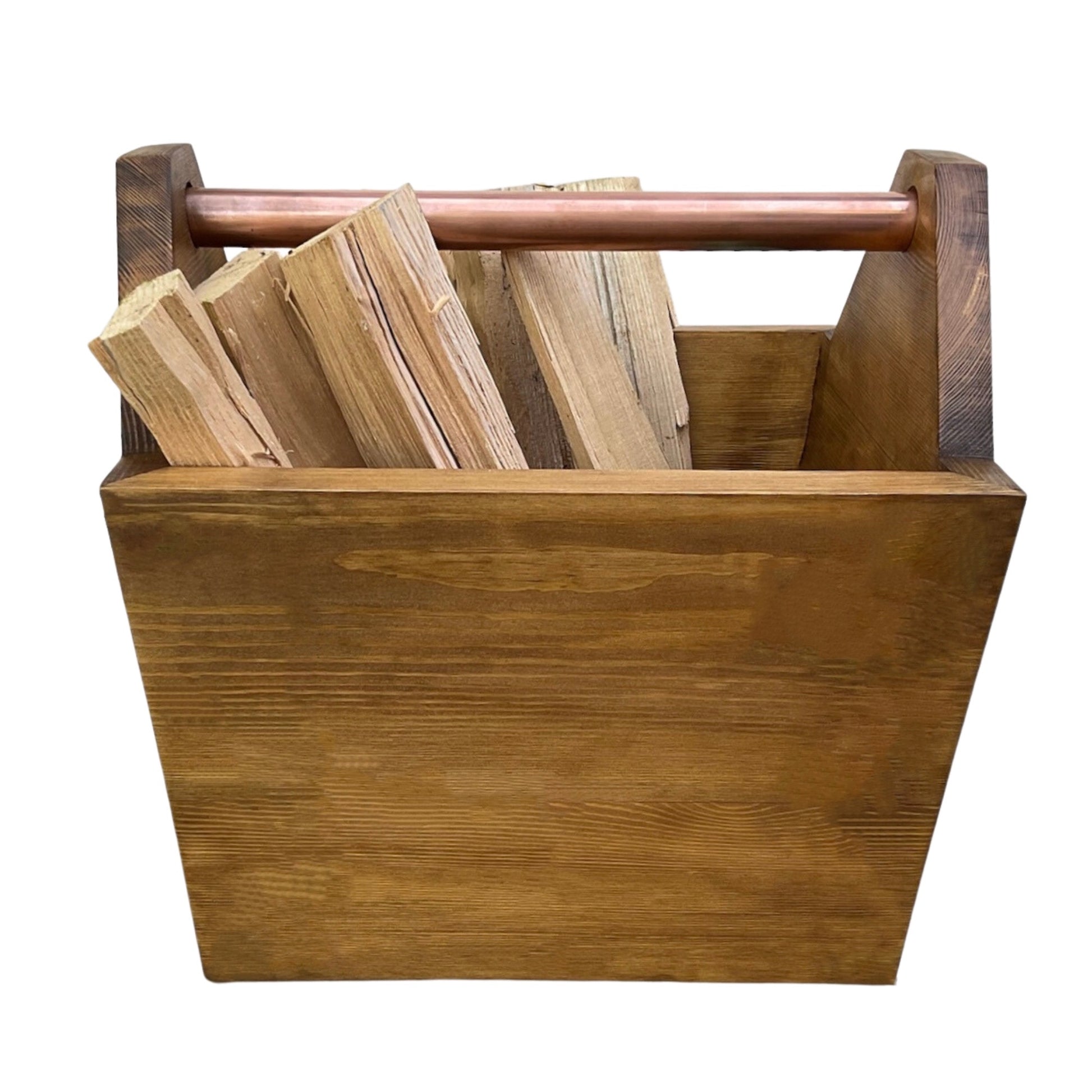 Fireside kindling storage box with copper handle