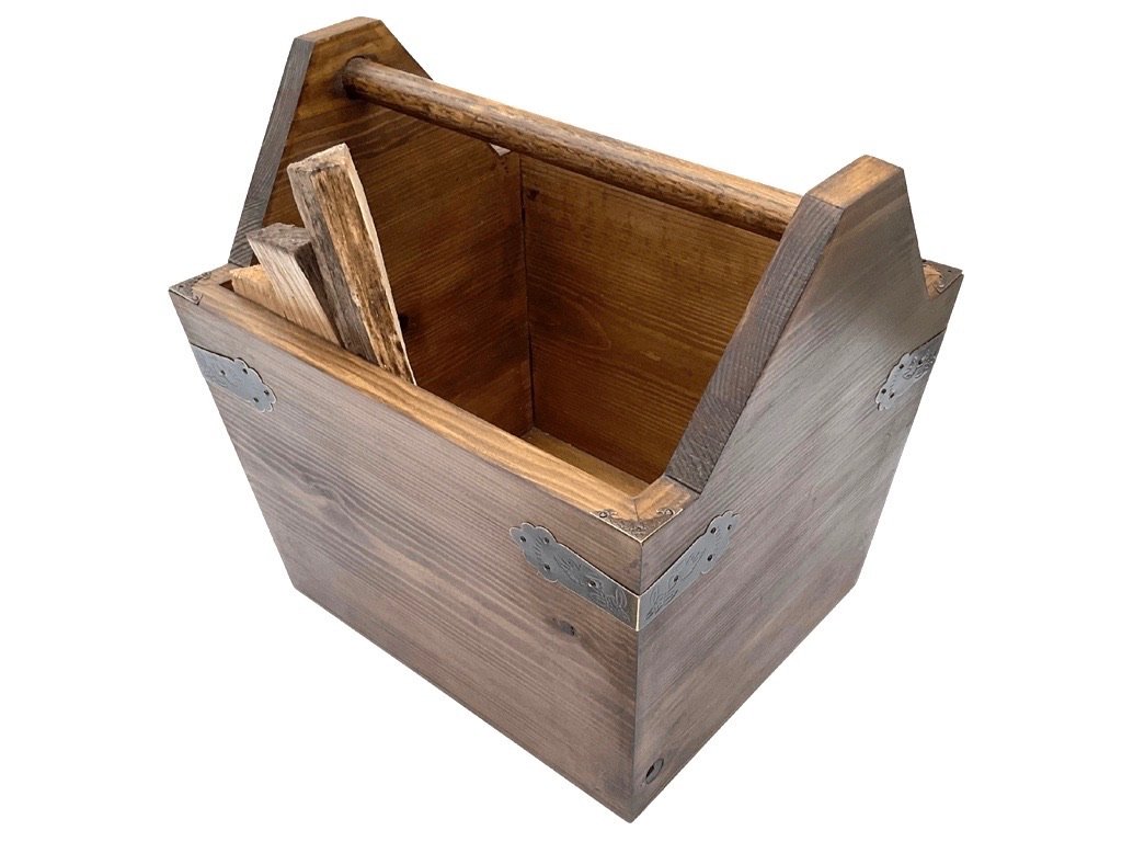 A hand built wooden primitive storage box/caddy offers for kindling or kitchen storage