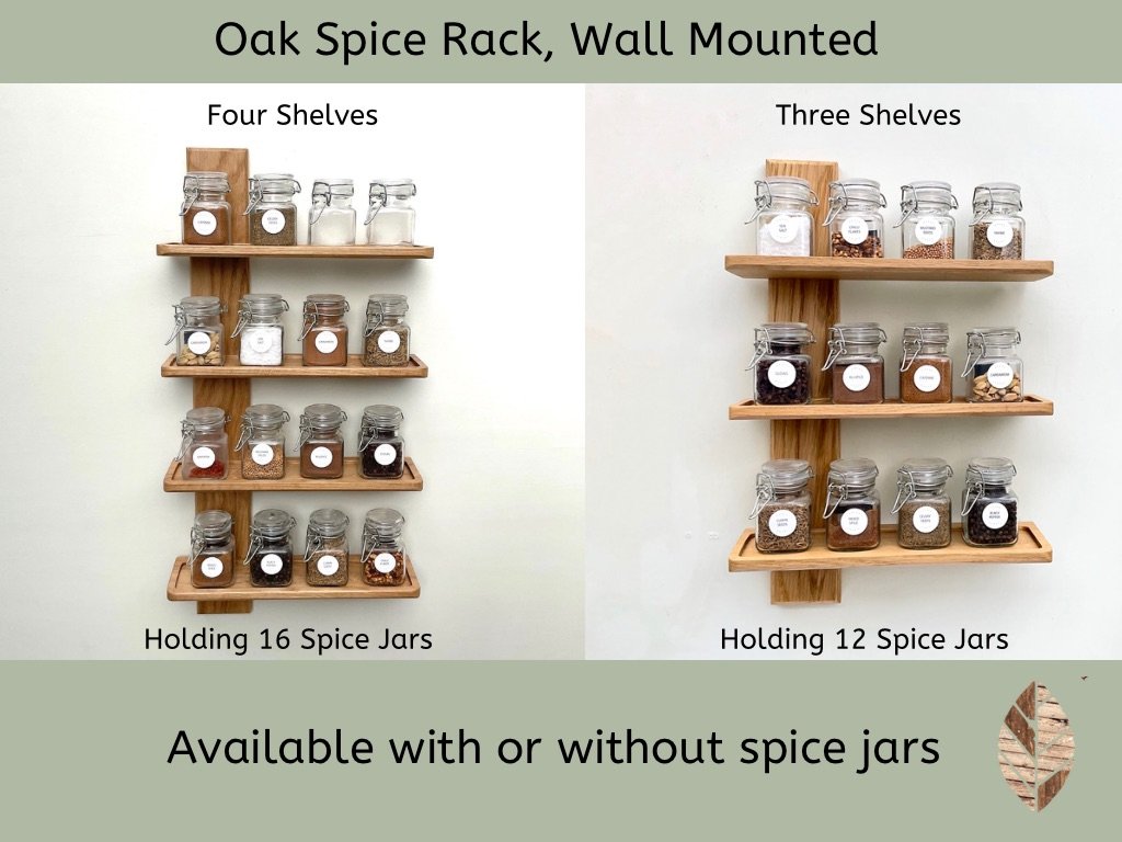 Oak wall mounted spice rack available with spice jars