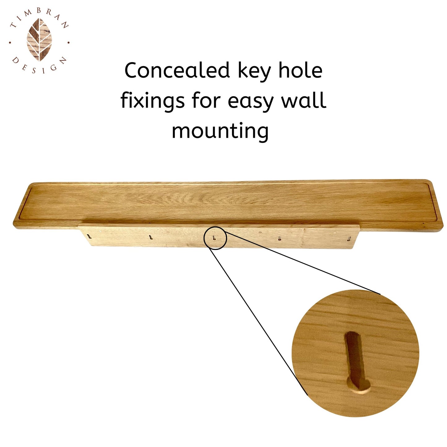 Large oak wall shelf key hole fixings