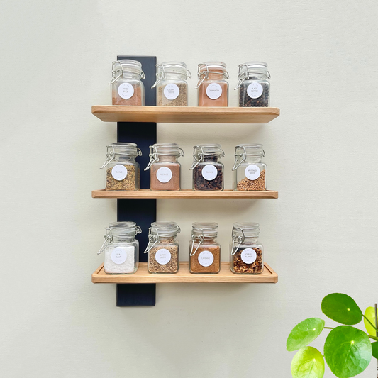 Oak spice rack with jars, wall mounted in black and oak