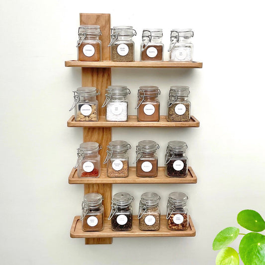Oak spice rack with spice jars, wall mounted, four shelves