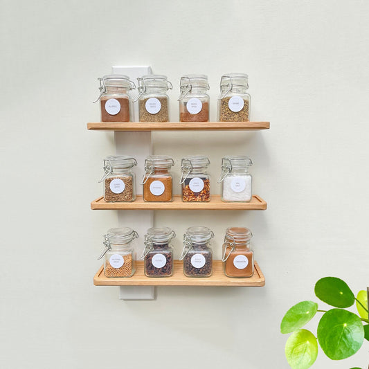 Oak spice rack with jars, wall mounted in white and oak