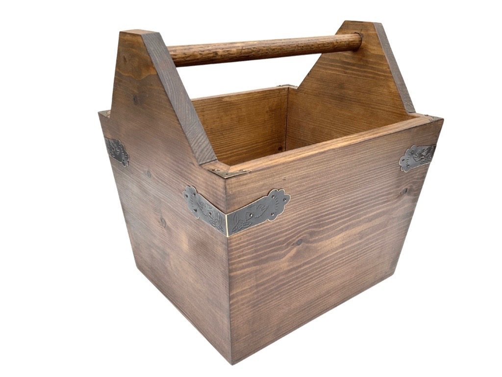 Wooden kindling storage box in a rustic antique farmhouse style